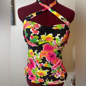 Tankini Floral Halter Top - Black, Pink, Green